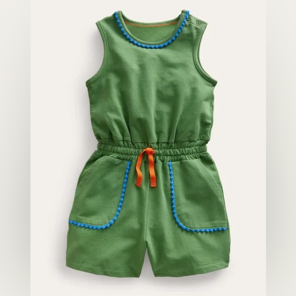Mini Boden girls’ jersey romper, green, size 5/6 years